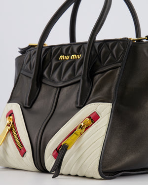 Miu Miu Black, White and Red Leather Biker Bag with Zip Details and Gold Hardware