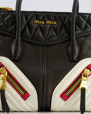 Miu Miu Black, White and Red Leather Biker Bag with Zip Details and Gold Hardware