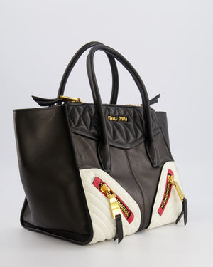 Miu Miu Black, White and Red Leather Biker Bag with Zip Details and Gold Hardware