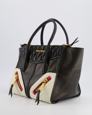 Miu Miu Black, White and Red Leather Biker Bag with Zip Details and Gold Hardware