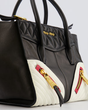 Miu Miu Black, White and Red Leather Biker Bag with Zip Details and Gold Hardware