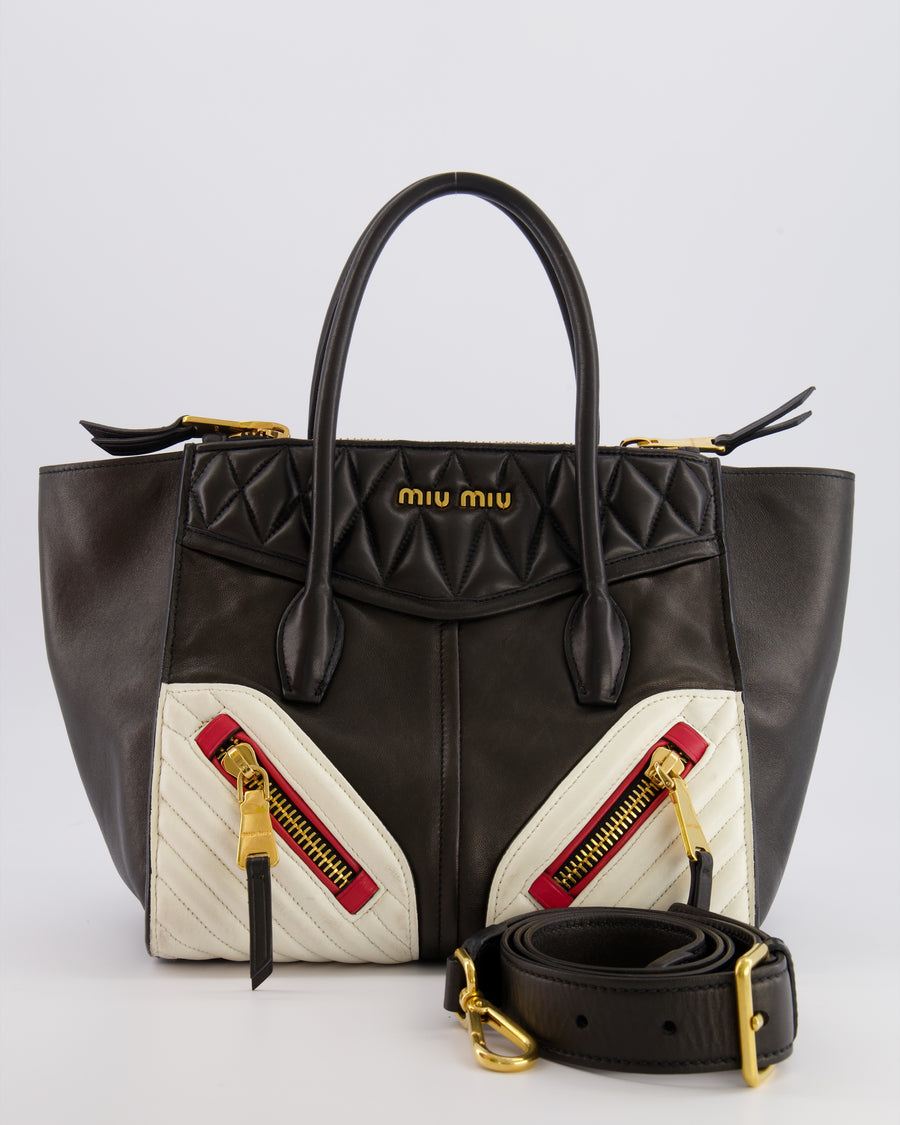Miu Miu Black, White and Red Leather Biker Bag with Zip Details and Gold Hardware