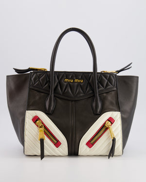 Miu Miu Black, White and Red Leather Biker Bag with Zip Details and Gold Hardware