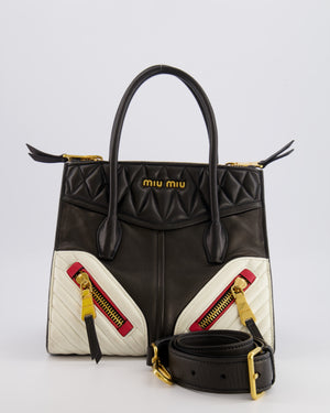 Miu Miu Black, White and Red Leather Biker Bag with Zip Details and Gold Hardware