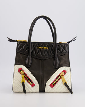Miu Miu Black, White and Red Leather Biker Bag with Zip Details and Gold Hardware