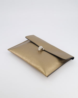Alexander Mcqueen Gold Leather Envelope Clutch Bag with Crystal Skull Closure