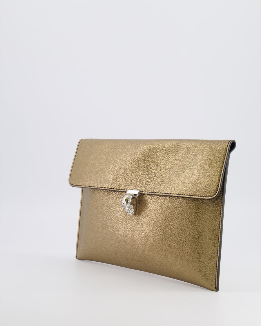 Alexander Mcqueen Gold Leather Envelope Clutch Bag with Crystal Skull Closure