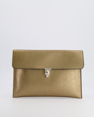 Alexander Mcqueen Gold Leather Envelope Clutch Bag with Crystal Skull Closure