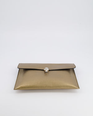 Alexander Mcqueen Gold Leather Envelope Clutch Bag with Crystal Skull Closure