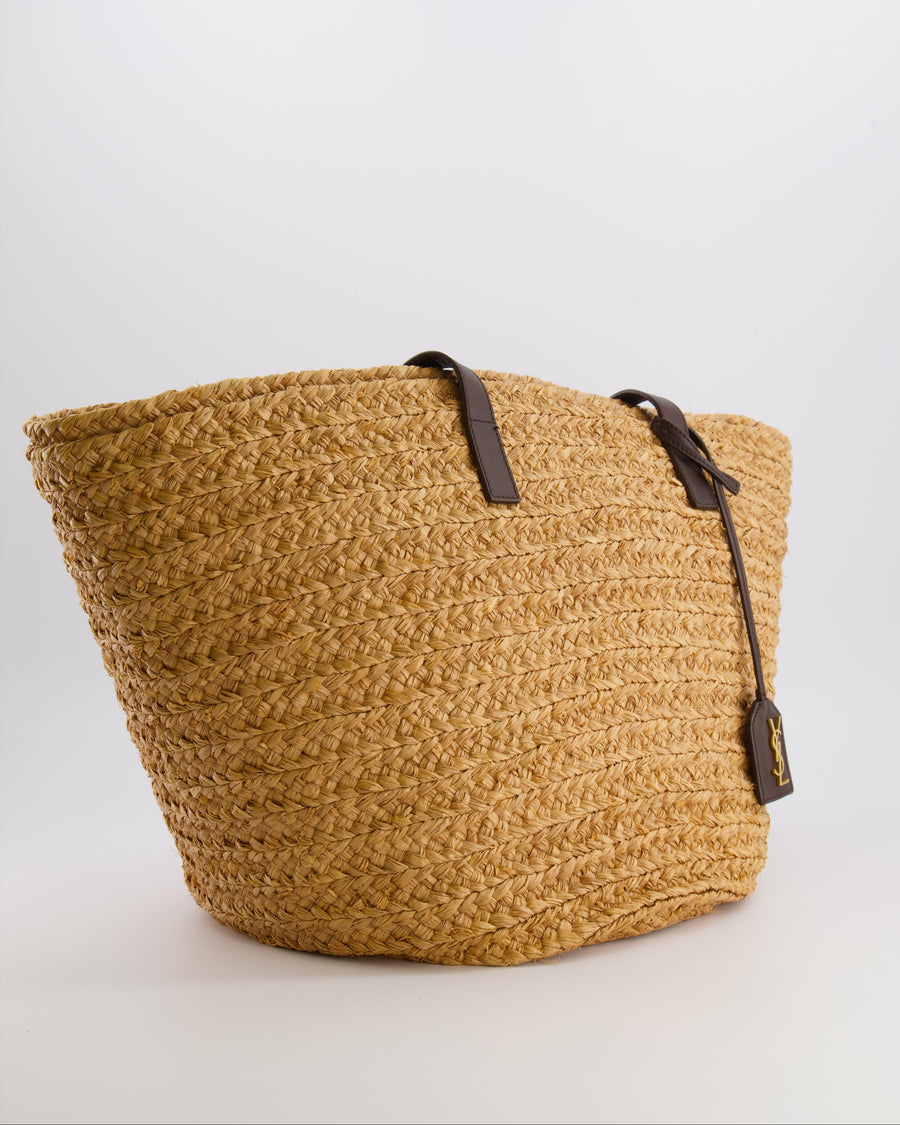 Saint Laurent Panier Tote Bag in Beige Raffia with Brown Leather Straps and Gold Hardware