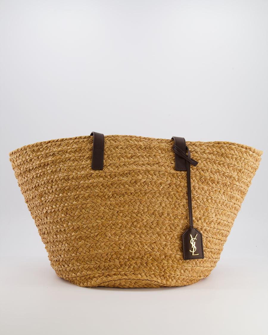 Saint Laurent Panier Tote Bag in Beige Raffia with Brown Leather Straps and Gold Hardware