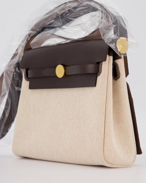 *HOT & RARE* Hermès Mini Herbag Zip 20 Bag in Ebene Vache Hunter Leather & Ecru/Beige Viking Canvas with Gold Hardware