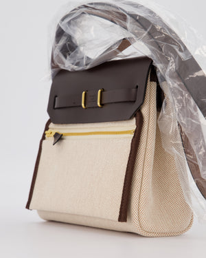 *HOT & RARE* Hermès Mini Herbag Zip 20 Bag in Ebene Vache Hunter Leather & Ecru/Beige Viking Canvas with Gold Hardware