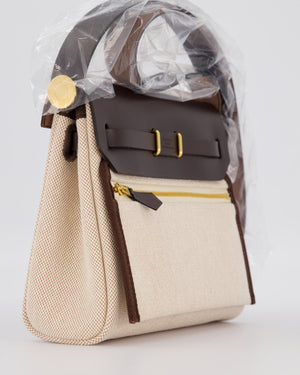 *HOT & RARE* Hermès Mini Herbag Zip 20 Bag in Ebene Vache Hunter Leather & Ecru/Beige Viking Canvas with Gold Hardware