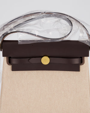 *HOT & RARE* Hermès Mini Herbag Zip 20 Bag in Ebene Vache Hunter Leather & Ecru/Beige Viking Canvas with Gold Hardware