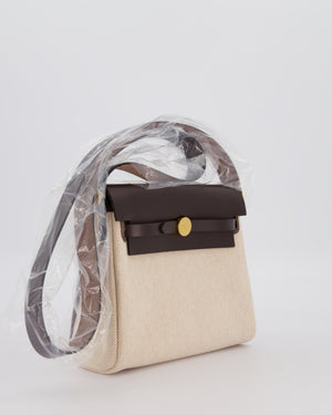 *HOT & RARE* Hermès Mini Herbag Zip 20 Bag in Ebene Vache Hunter Leather & Ecru/Beige Viking Canvas with Gold Hardware