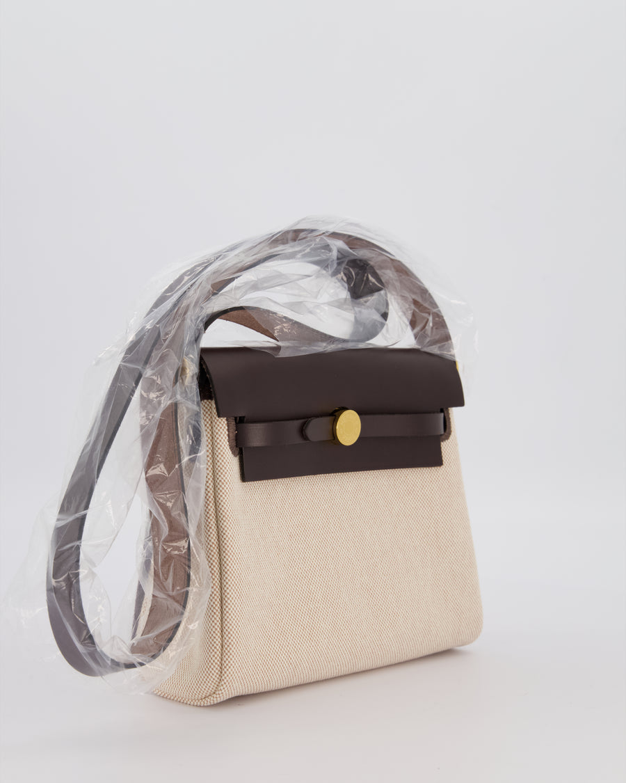 *HOT & RARE* Hermès Mini Herbag Zip 20 Bag in Ebene Vache Hunter Leather & Ecru/Beige Viking Canvas with Gold Hardware