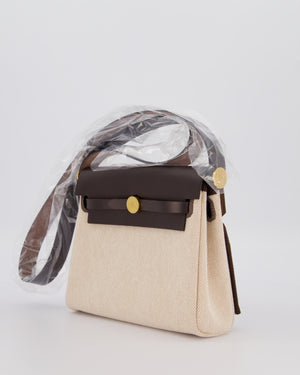 *HOT & RARE* Hermès Mini Herbag Zip 20 Bag in Ebene Vache Hunter Leather & Ecru/Beige Viking Canvas with Gold Hardware