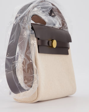 *HOT & RARE* Hermès Mini Herbag Zip 20 Bag in Ebene Vache Hunter Leather & Ecru/Beige Viking Canvas with Gold Hardware