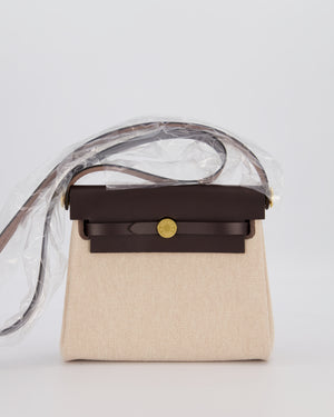 *HOT & RARE* Hermès Mini Herbag Zip 20 Bag in Ebene Vache Hunter Leather & Ecru/Beige Viking Canvas with Gold Hardware