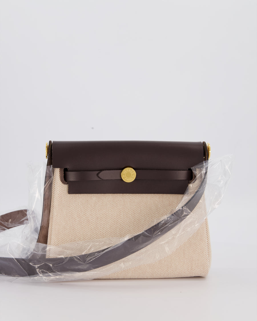 *HOT & RARE* Hermès Mini Herbag Zip 20 Bag in Ebene Vache Hunter Leather & Ecru/Beige Viking Canvas with Gold Hardware