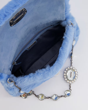 Miu Miu Blue Rabbit Fur Bag with Crystal Chain Strap and Silver Hardware