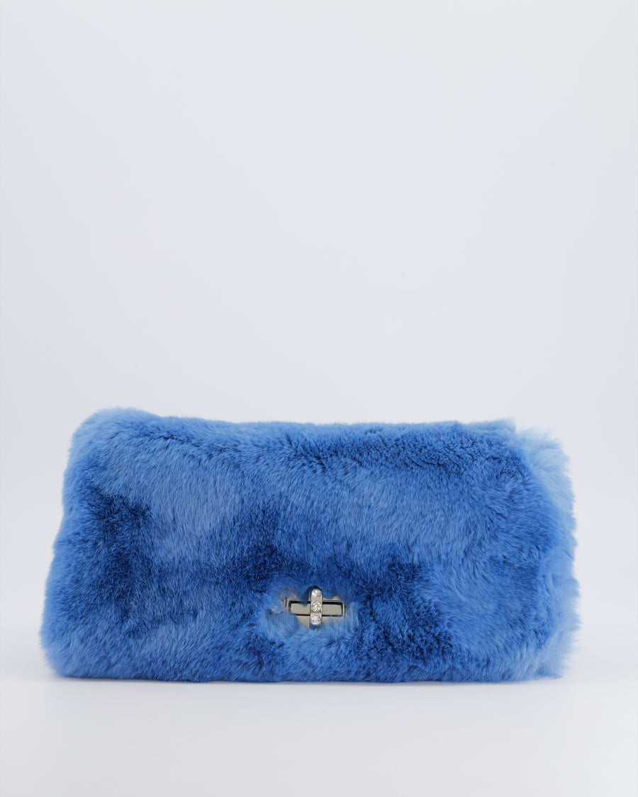 Miu Miu Blue Rabbit Fur Bag with Crystal Chain Strap and Silver Hardware