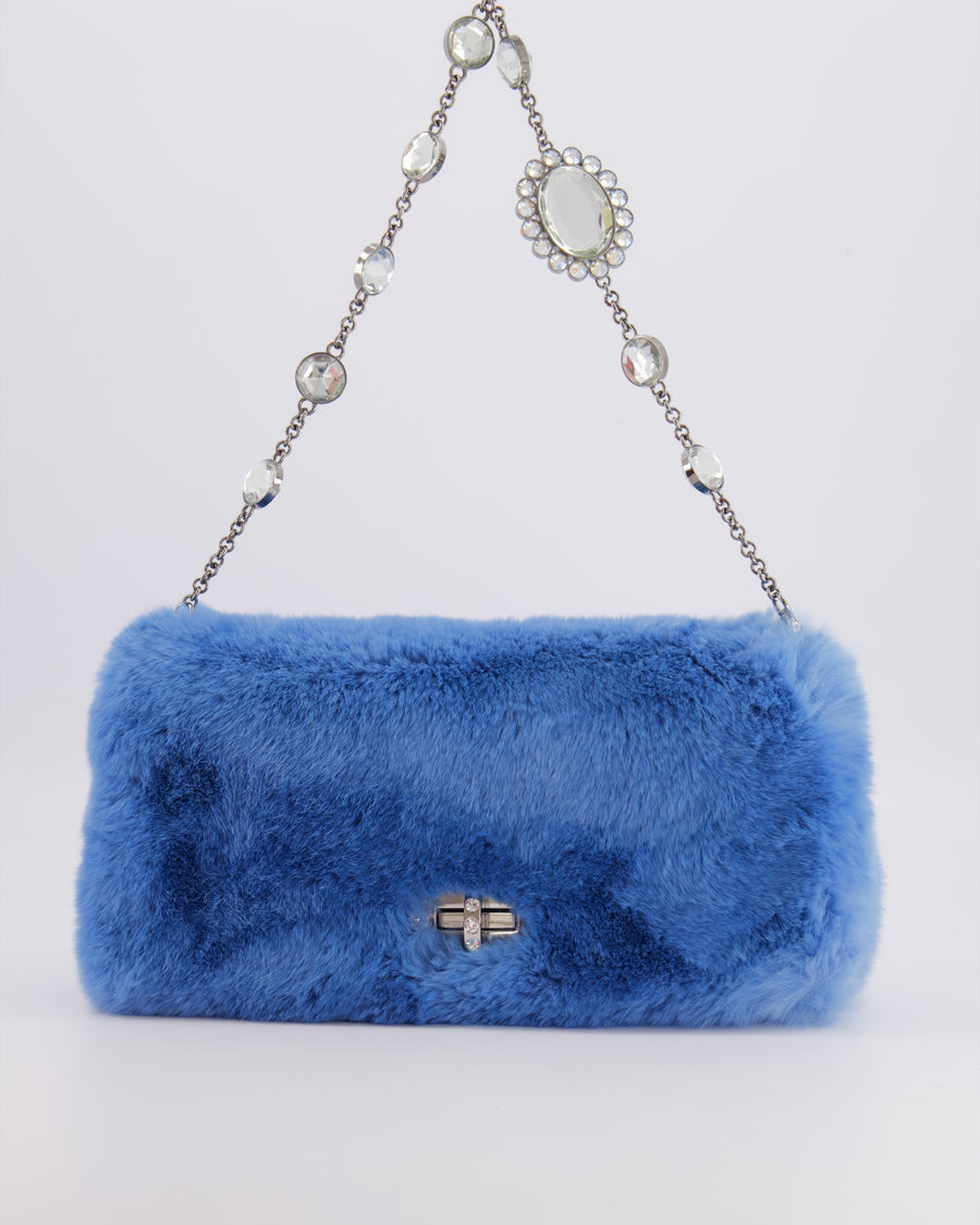 Miu Miu Blue Rabbit Fur Bag with Crystal Chain Strap and Silver Hardware