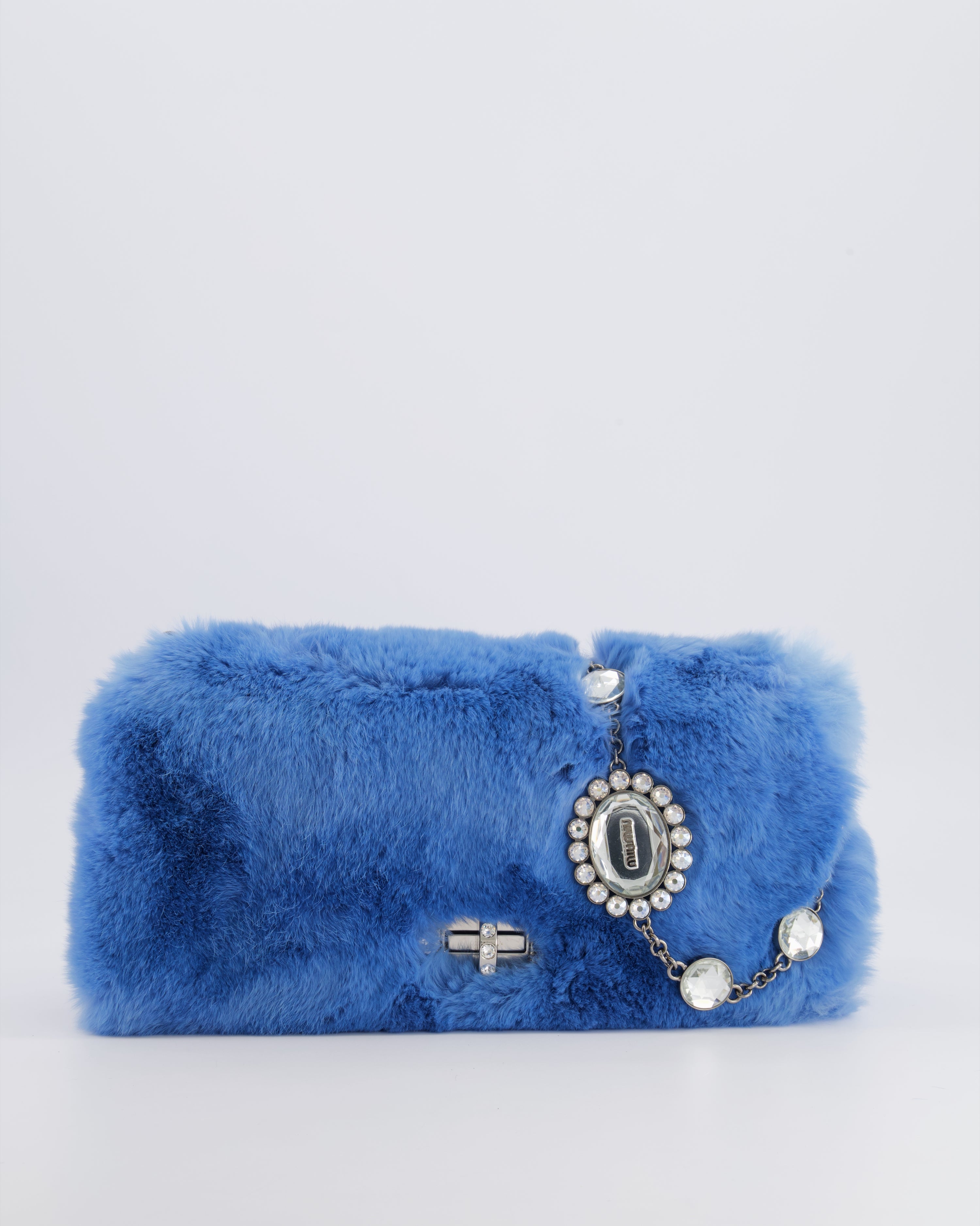 Miu Miu Blue Rabbit Fur Bag with Crystal Chain Strap and Silver