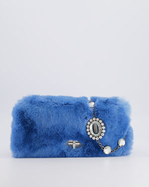 Miu Miu Blue Rabbit Fur Bag with Crystal Chain Strap and Silver Hardware