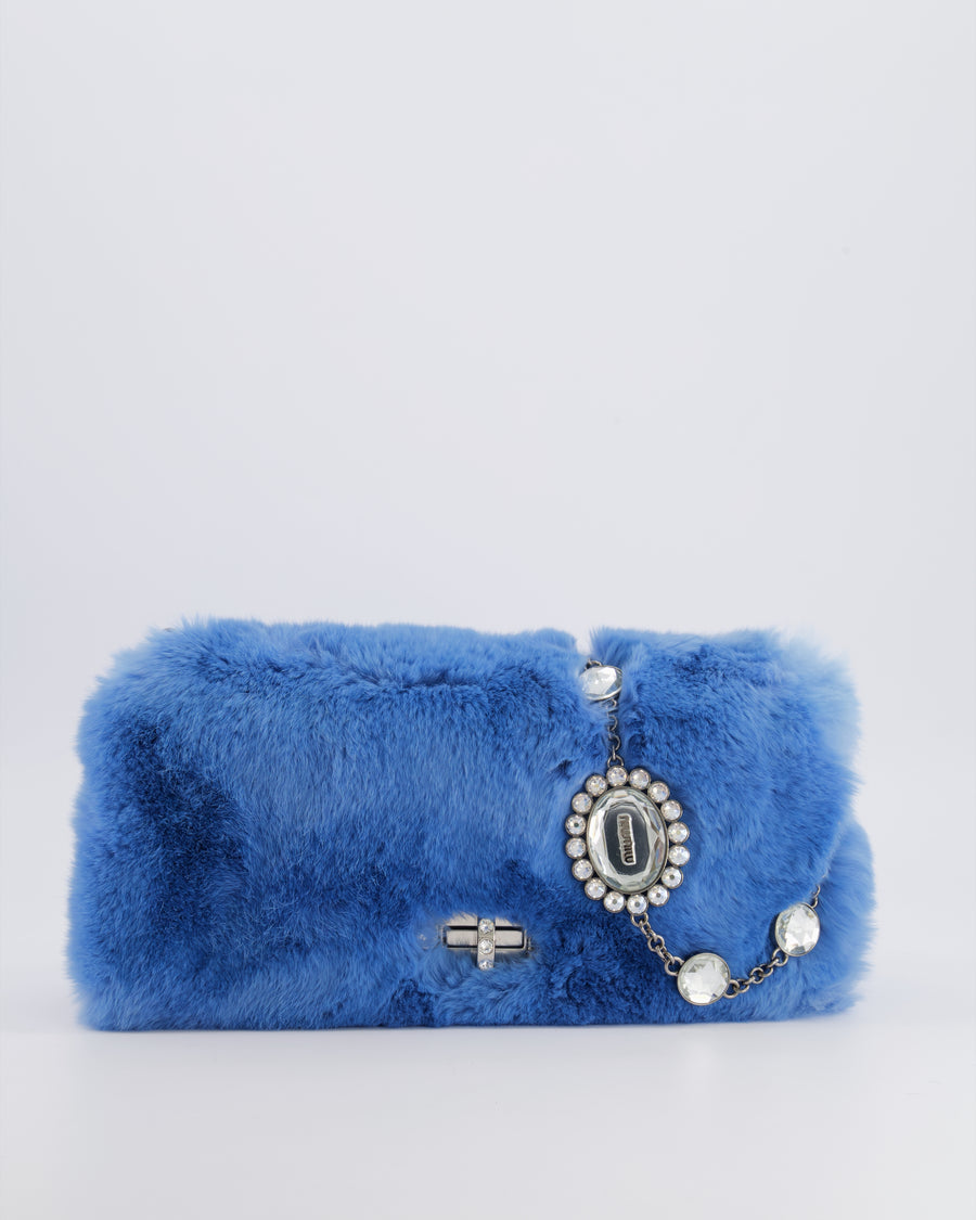 Miu Miu Blue Rabbit Fur Bag with Crystal Chain Strap and Silver Hardware