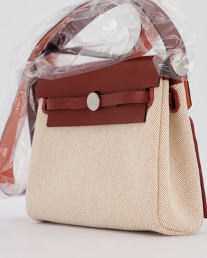 *HOT & RARE* Hermès Mini Herbag Zip 20 Bag in Rouge H Vache Hunter Leather & Ecru/Beige Viking Canvas with Palladium Hardware