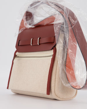 *HOT & RARE* Hermès Mini Herbag Zip 20 Bag in Rouge H Vache Hunter Leather & Ecru/Beige Viking Canvas with Palladium Hardware