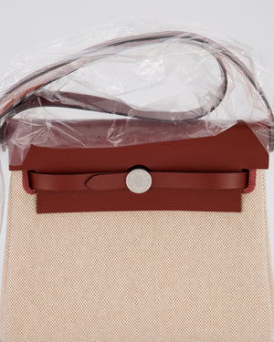 *HOT & RARE* Hermès Mini Herbag Zip 20 Bag in Rouge H Vache Hunter Leather & Ecru/Beige Viking Canvas with Palladium Hardware