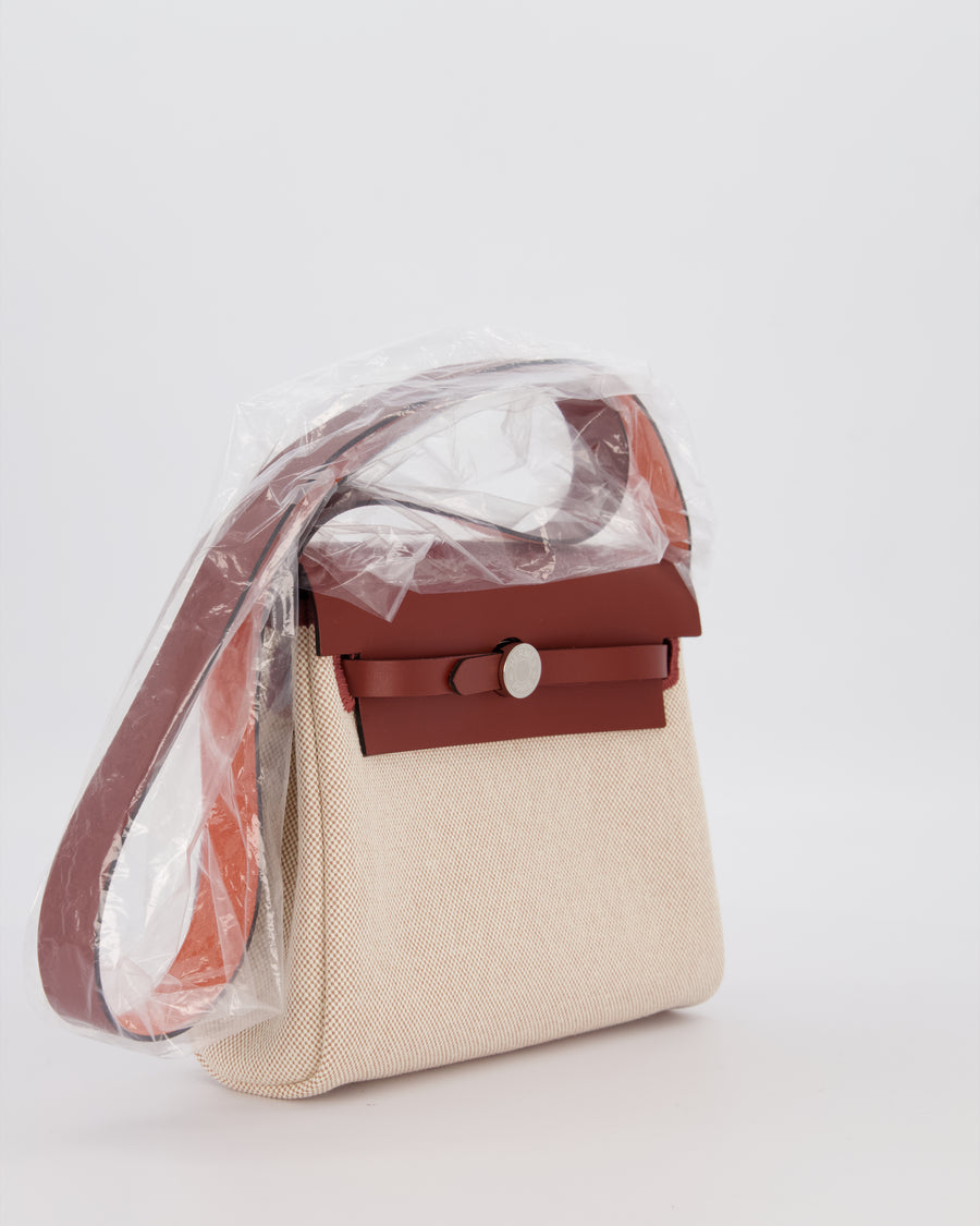 *HOT & RARE* Hermès Mini Herbag Zip 20 Bag in Rouge H Vache Hunter Leather & Ecru/Beige Viking Canvas with Palladium Hardware