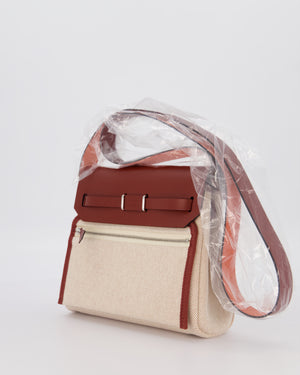 *HOT & RARE* Hermès Mini Herbag Zip 20 Bag in Rouge H Vache Hunter Leather & Ecru/Beige Viking Canvas with Palladium Hardware