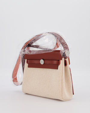 *HOT & RARE* Hermès Mini Herbag Zip 20 Bag in Rouge H Vache Hunter Leather & Ecru/Beige Viking Canvas with Palladium Hardware