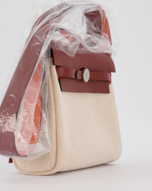 *HOT & RARE* Hermès Mini Herbag Zip 20 Bag in Rouge H Vache Hunter Leather & Ecru/Beige Viking Canvas with Palladium Hardware