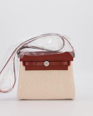 *HOT & RARE* Hermès Mini Herbag Zip 20 Bag in Rouge H Vache Hunter Leather & Ecru/Beige Viking Canvas with Palladium Hardware