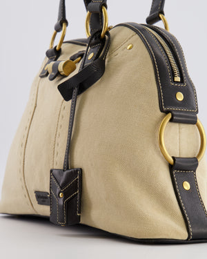 Yves Saint Laurent Vintage Muse Tote Bag in Beige Canvas and Black Leather with Gold Hardware