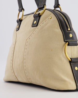 Yves Saint Laurent Vintage Muse Tote Bag in Beige Canvas and Black Leather with Gold Hardware
