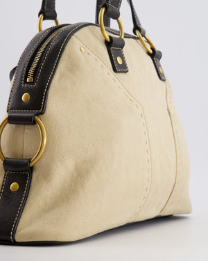 Yves Saint Laurent Vintage Muse Tote Bag in Beige Canvas and Black Leather with Gold Hardware