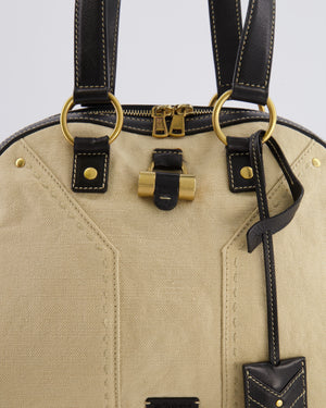 Yves Saint Laurent Vintage Muse Tote Bag in Beige Canvas and Black Leather with Gold Hardware
