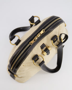 Yves Saint Laurent Vintage Muse Tote Bag in Beige Canvas and Black Leather with Gold Hardware