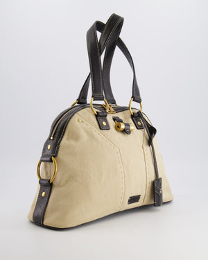 Yves Saint Laurent Vintage Muse Tote Bag in Beige Canvas and Black Leather with Gold Hardware