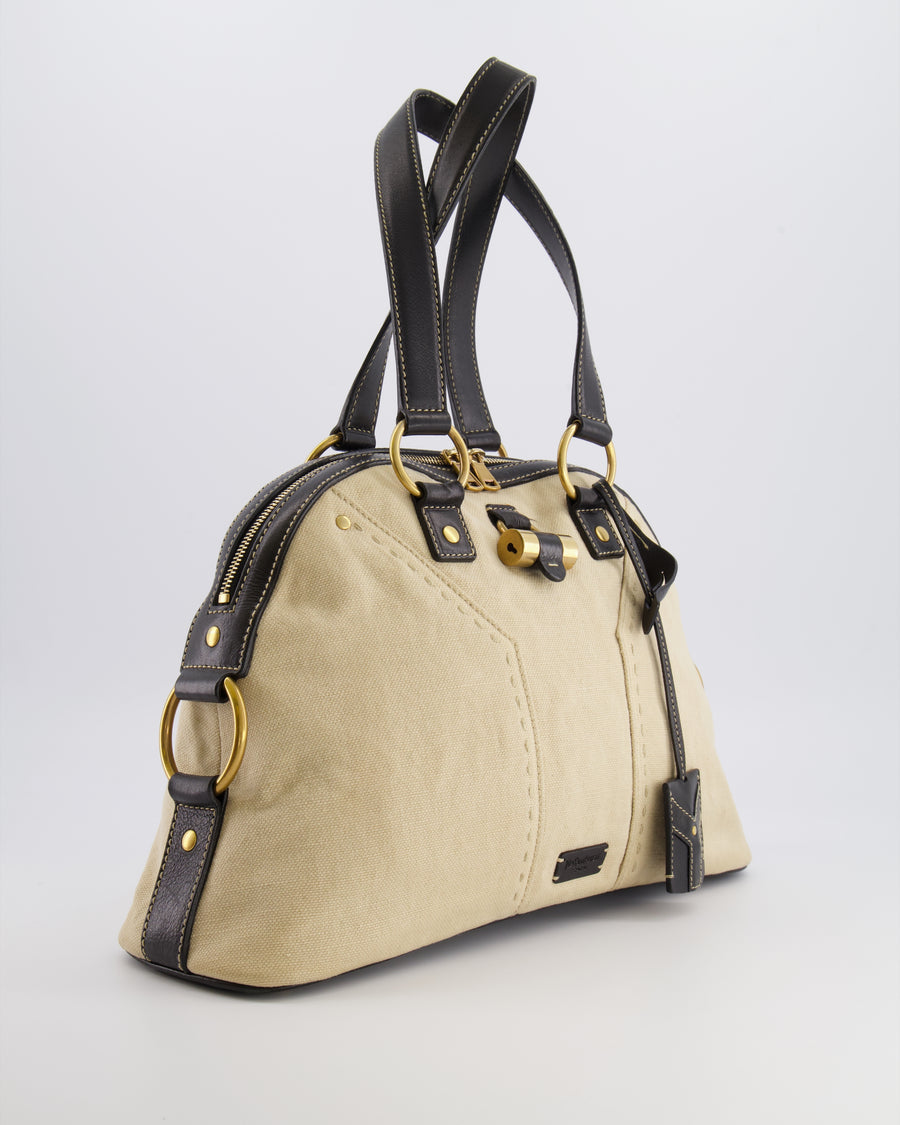Yves Saint Laurent Vintage Muse Tote Bag in Beige Canvas and Black Leather with Gold Hardware