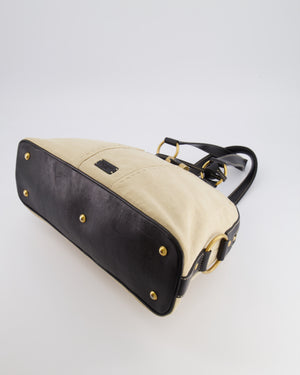 Yves Saint Laurent Vintage Muse Tote Bag in Beige Canvas and Black Leather with Gold Hardware
