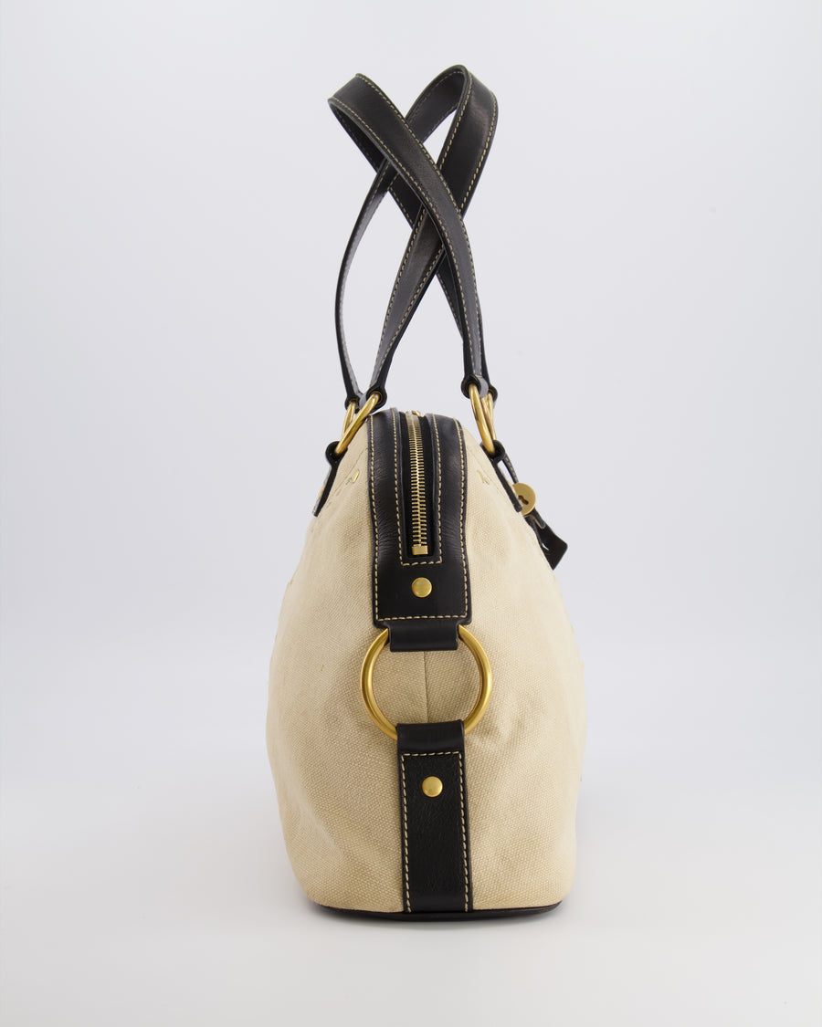 Yves Saint Laurent Vintage Muse Tote Bag in Beige Canvas and Black Leather with Gold Hardware