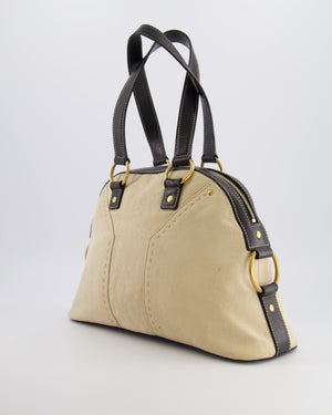 Yves Saint Laurent Vintage Muse Tote Bag in Beige Canvas and Black Leather with Gold Hardware