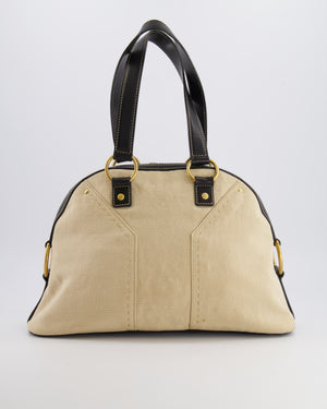 Yves Saint Laurent Vintage Muse Tote Bag in Beige Canvas and Black Leather with Gold Hardware